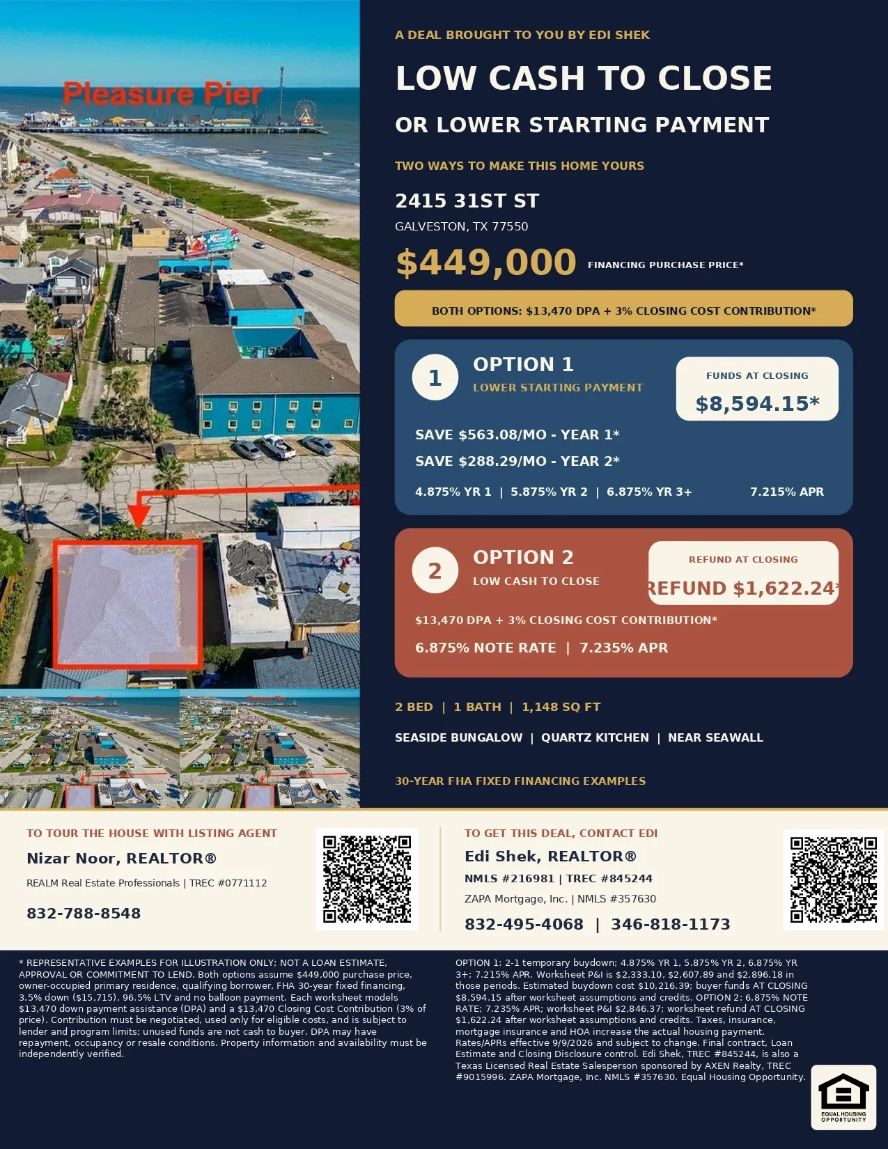 Buy This $449,000 Galveston Home with $26,940 in Assistance and Contributions—Only $2,867.76 Estimated Net Out of Pocket! Flyer