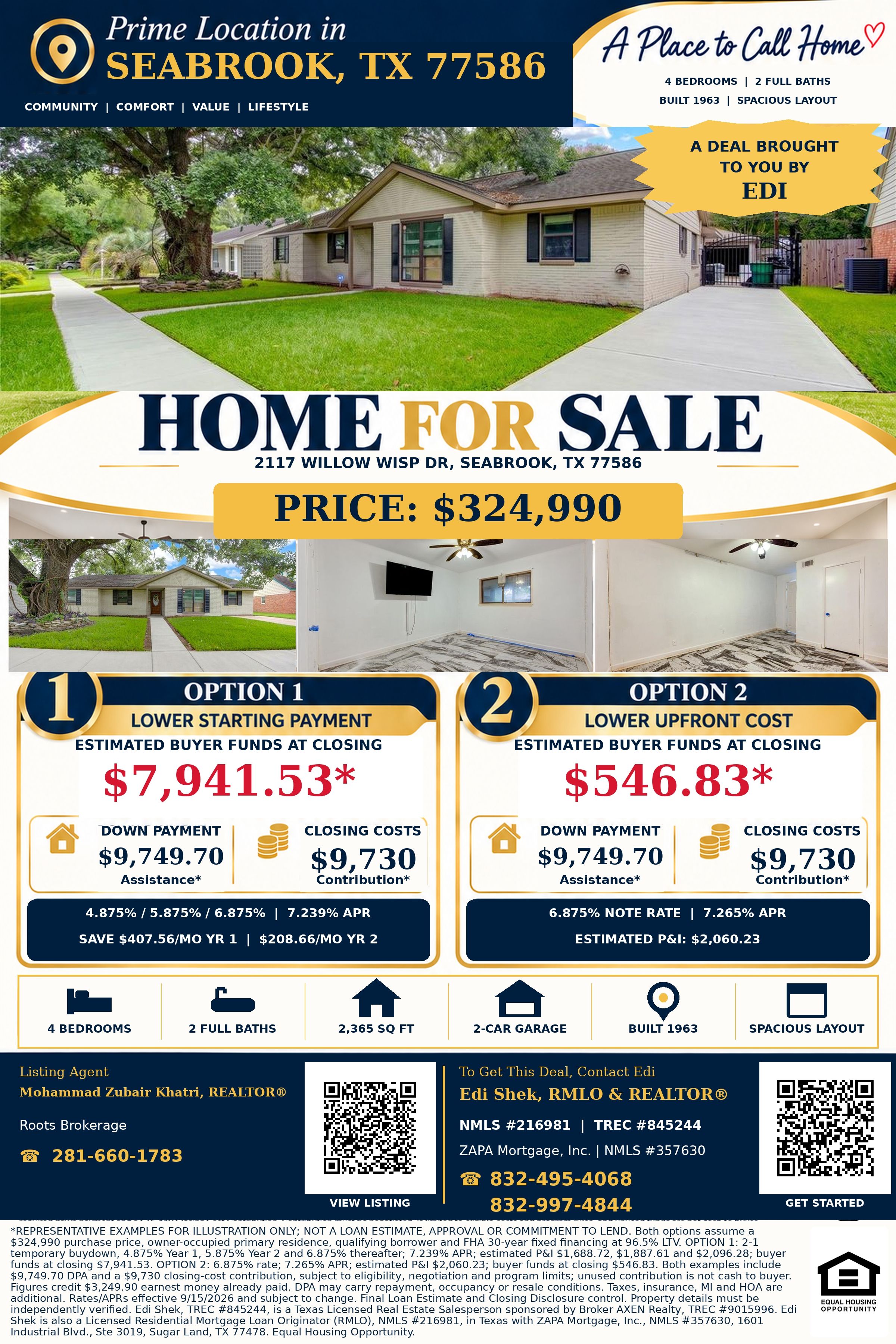 Own This $324,990 Seabrook Home With Just $546.83 Out of Pocket! Flyer